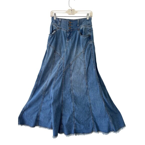 Vintage Style J Denim A Line Midi Skirt Button Fly Back Flap Pockets Frayed Hem - Picture 4 of 16